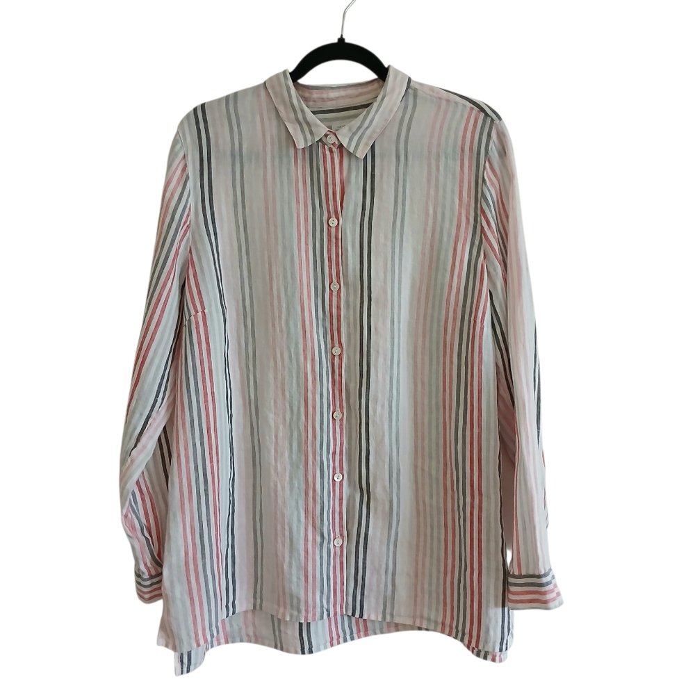 J Jill Love Linen 100% Linen Striped Essential Shirt Button Up Women's L Tunic